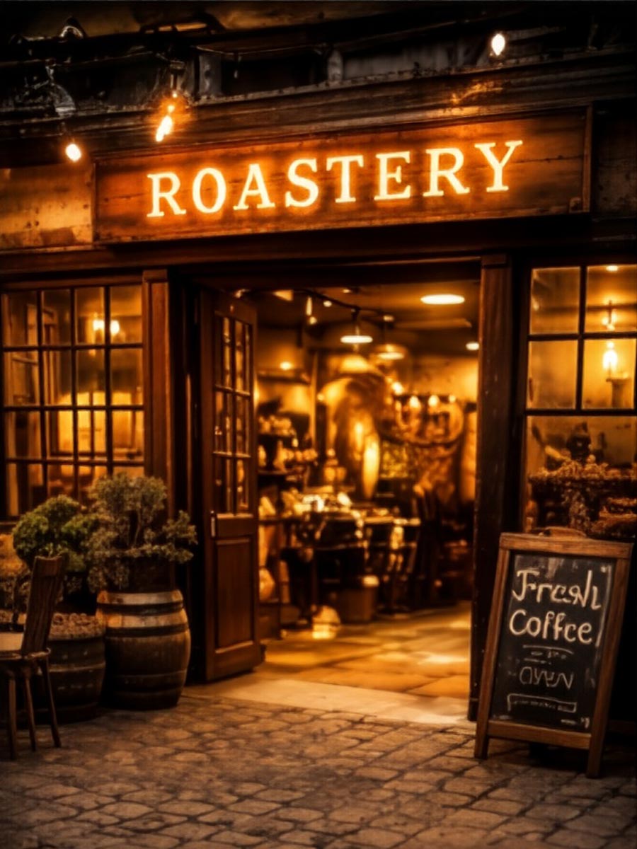 Entrance of the small artisan coffee roastery with roasting equipment inside