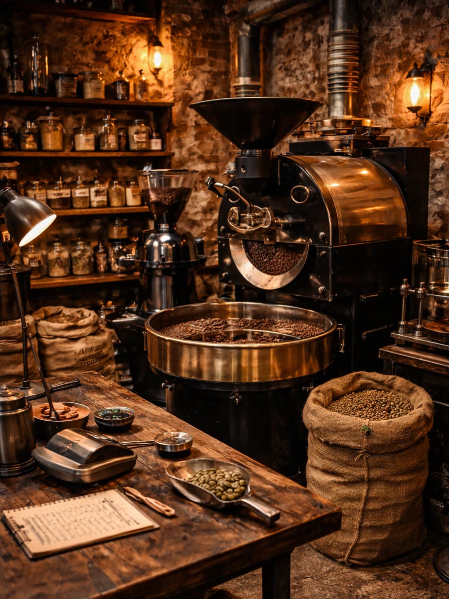 Coffee roasting workspace with roasting machine, roasted beans and green coffee beans