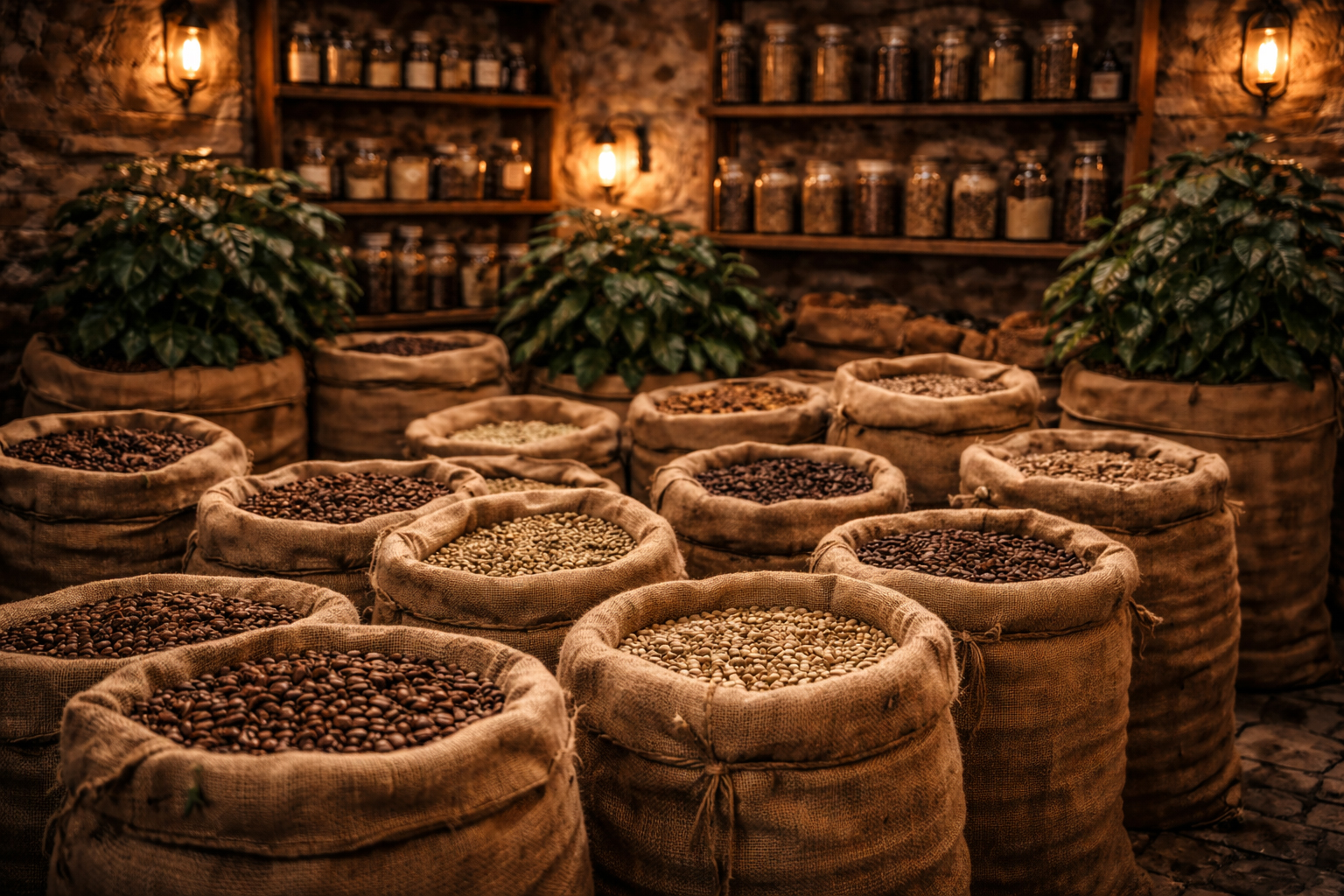 Various coffee beans stored in burlap sacks in a roastery