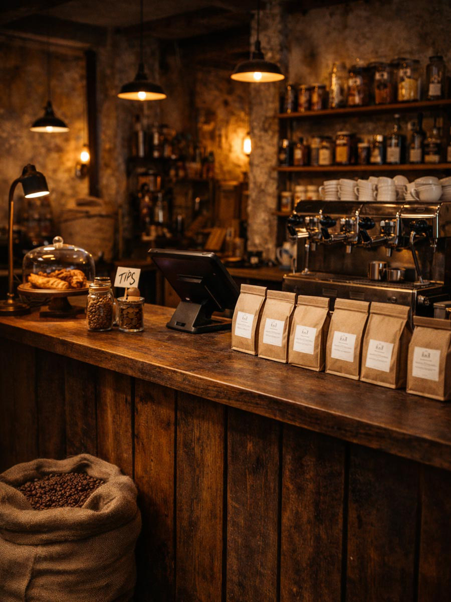 Coffee bar inside the coffee roastery with espresso machine and packaged coffee