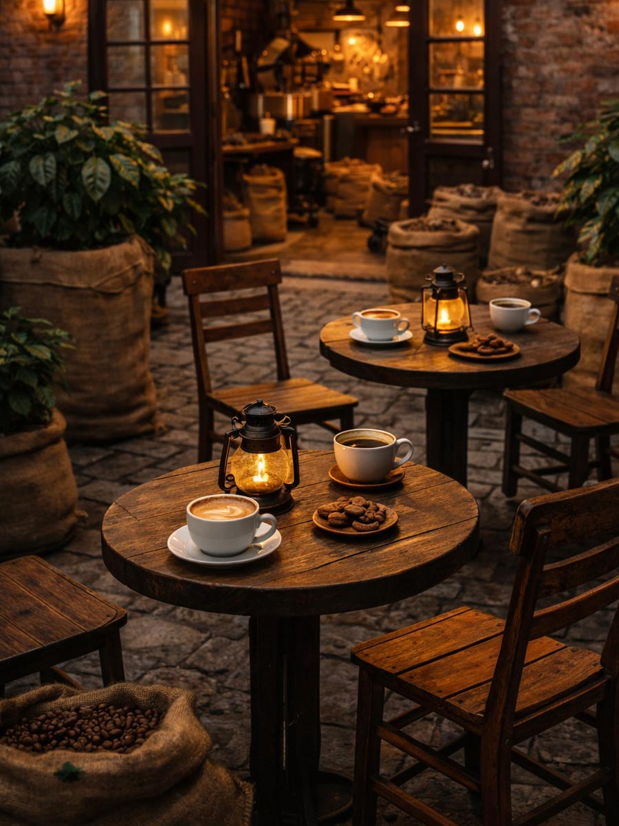 Cozy outdoor seating area of the coffee roastery with coffee cups and lantern light