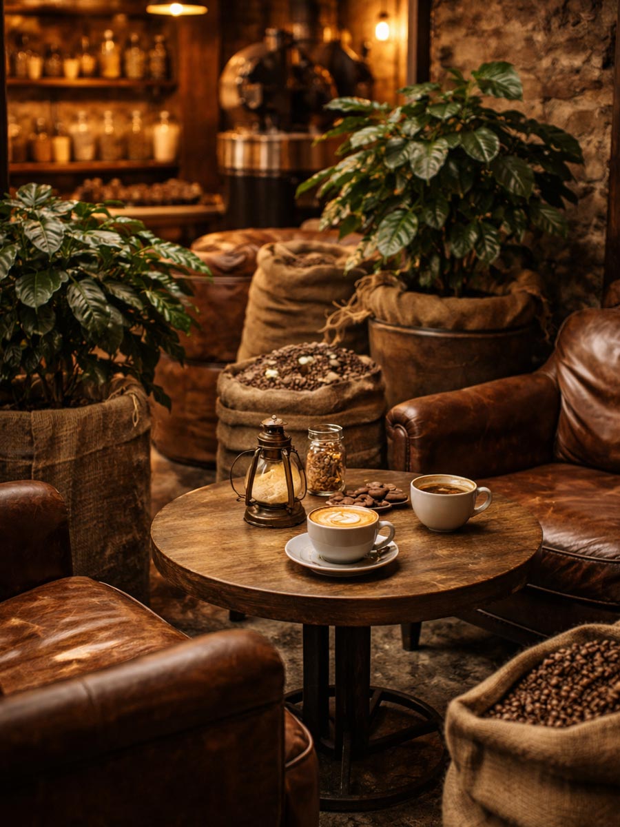 Cozy coffee roastery lounge with fresh coffee, beans and coffee plants