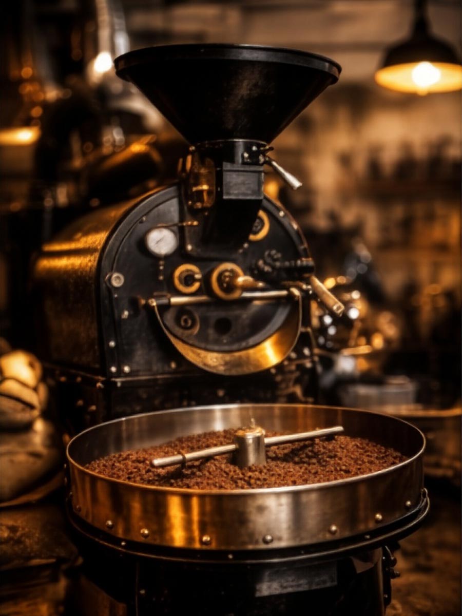 Coffee roasting machine with freshly roasted coffee beans in a roastery