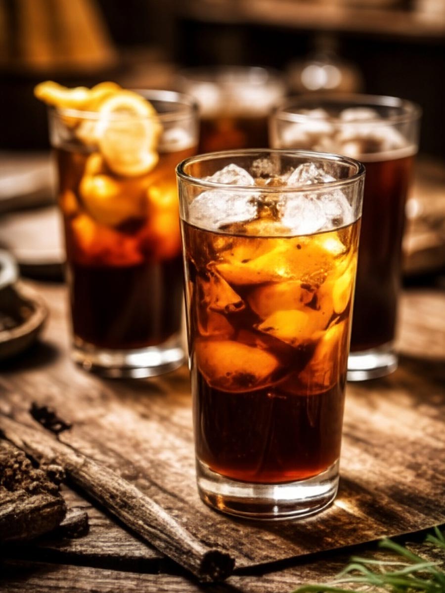 Cold brew coffee served over ice in a glass