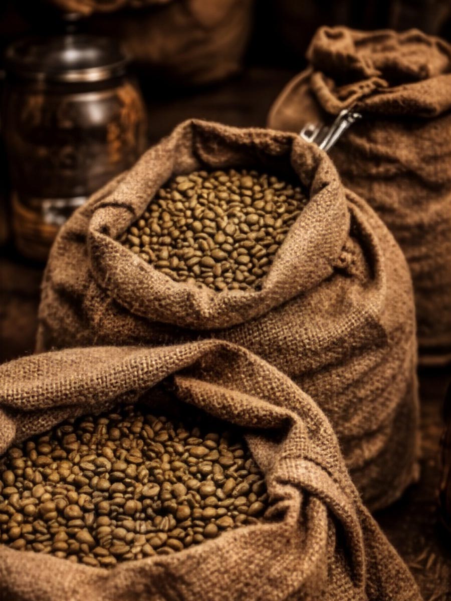 Burlap sacks filled with green coffee beans ready for roasting