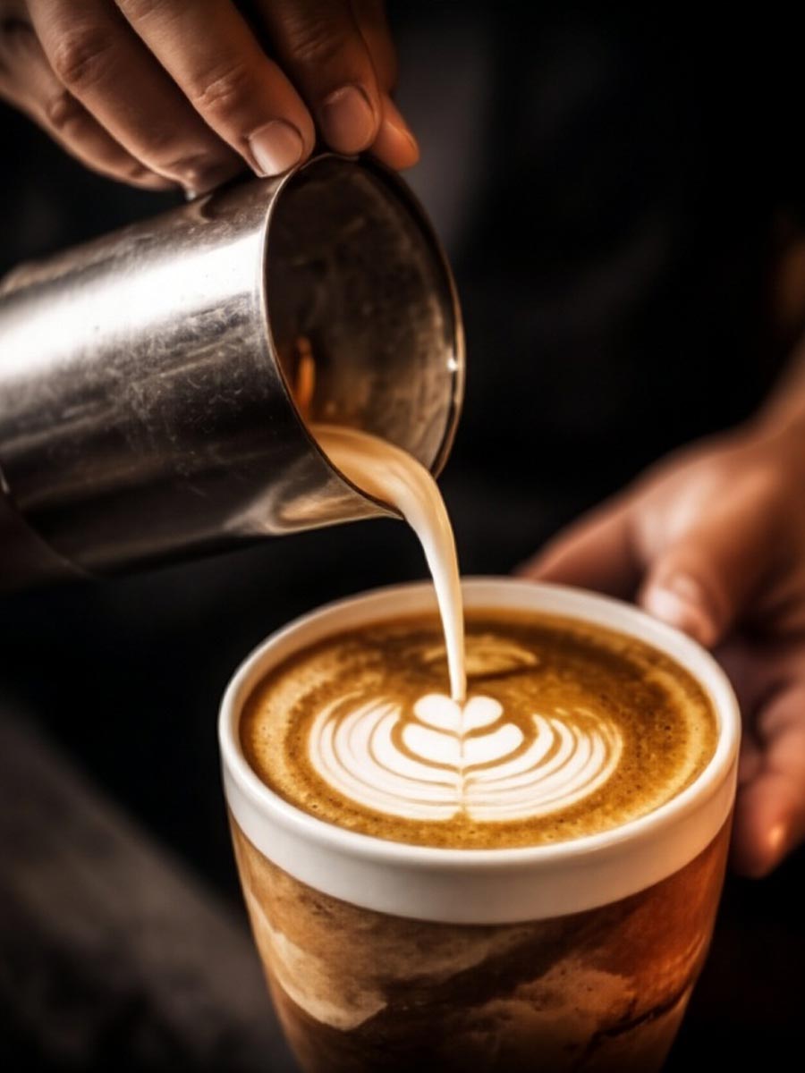 Barista pouring milk to create latte art