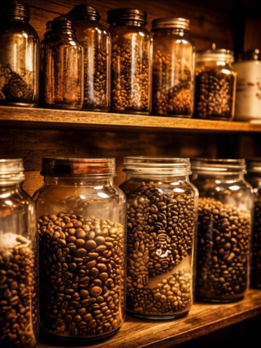 Glass jars filled with different roasted coffee beans on wooden shelves